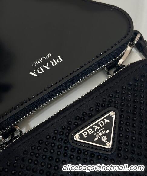 Cheap Price Prada Triangle Crystal Embellished Satin and Leather Mini Pouch 1NR015 Black 2024