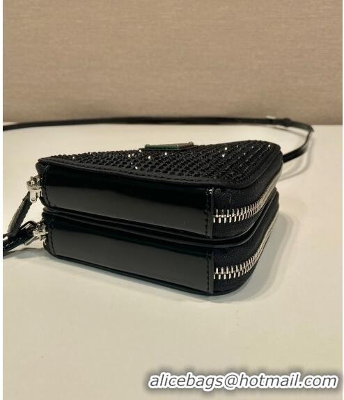 Cheap Price Prada Triangle Crystal Embellished Satin and Leather Mini Pouch 1NR015 Black 2024