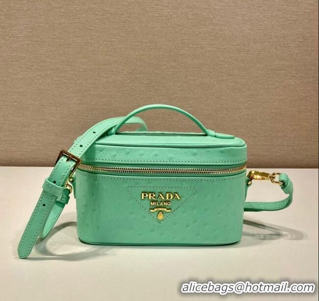 Cheapest Prada Mini Bag in Ostrich Embossed Leather 1BH202 Light Green 2024