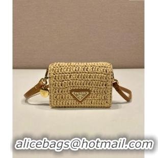 Top Design Prada Crochet card holder with shoulder strap 1MR024 Khaki 2024