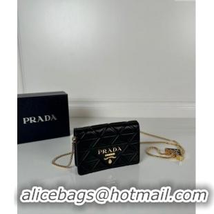 Top Grade Prada Leather card holder with shoulder strap 1MR024 Black 2024