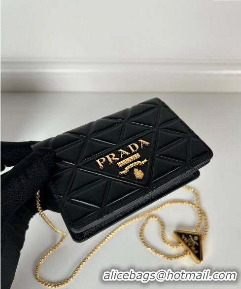 Top Grade Prada Leather card holder with shoulder strap 1MR024 Black 2024