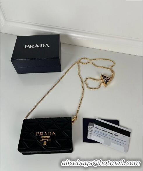 Top Grade Prada Leather card holder with shoulder strap 1MR024 Black 2024