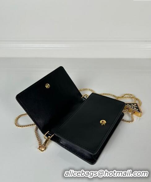 Top Grade Prada Leather card holder with shoulder strap 1MR024 Black 2024