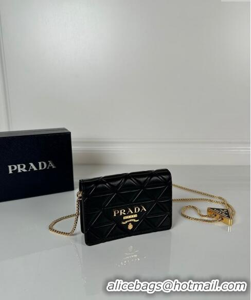 Top Grade Prada Leather card holder with shoulder strap 1MR024 Black 2024