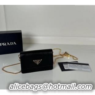 Fashion Luxurious Prada Saffiano leather card holder with shoulder strap 1MR034 Black 2024