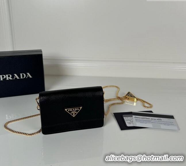 Fashion Luxurious Prada Saffiano leather card holder with shoulder strap 1MR034 Black 2024