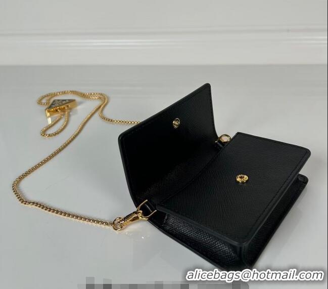 Fashion Luxurious Prada Saffiano leather card holder with shoulder strap 1MR034 Black 2024