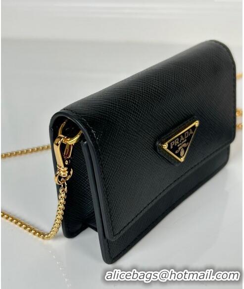 Fashion Luxurious Prada Saffiano leather card holder with shoulder strap 1MR034 Black 2024