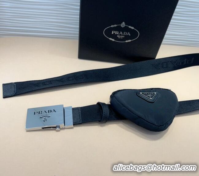 Super Quality Prada Triangle  Nylon Pouch Belt P0708 Black 2024