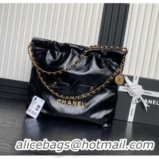 Well Crafted Chanel 22 Shiny Calfskin Shopping Bag with Pockets AS3261 Black/Gold 2024