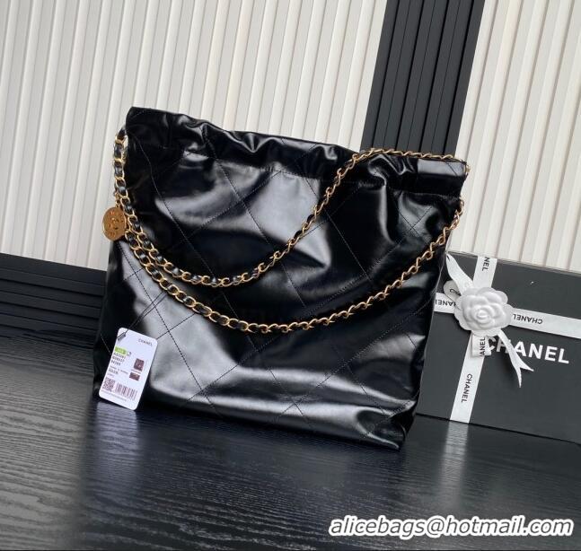 Well Crafted Chanel 22 Shiny Calfskin Shopping Bag with Pockets AS3261 Black/Gold 2024