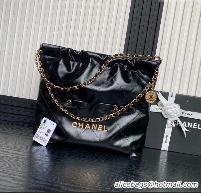 Well Crafted Chanel 22 Shiny Calfskin Shopping Bag with Pockets AS3261 Black/Gold 2024