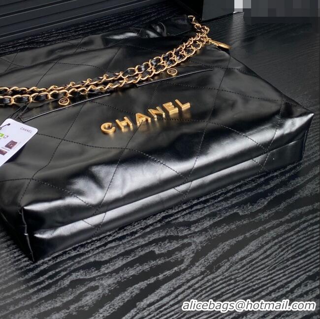 Well Crafted Chanel 22 Shiny Calfskin Shopping Bag with Pockets AS3261 Black/Gold 2024