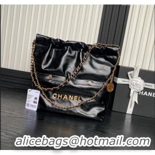 Super Quality Chanel 22 Shiny Calfskin Small Shopping Bag with Pockets AS3260 Black 2024