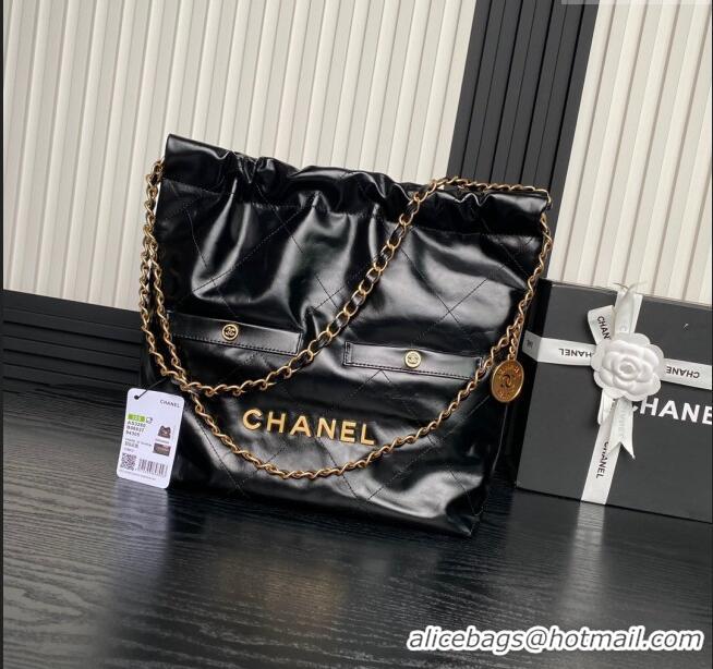 Super Quality Chanel 22 Shiny Calfskin Small Shopping Bag with Pockets AS3260 Black 2024