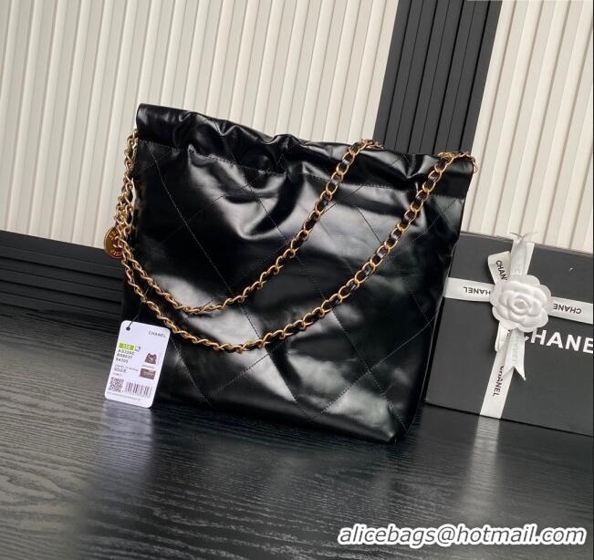 Super Quality Chanel 22 Shiny Calfskin Small Shopping Bag with Pockets AS3260 Black 2024