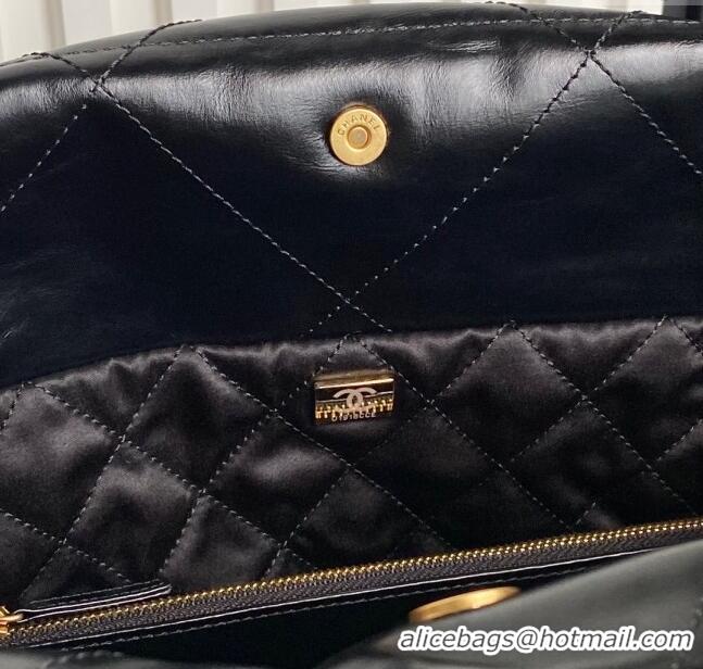 Super Quality Chanel 22 Shiny Calfskin Small Shopping Bag with Pockets AS3260 Black 2024