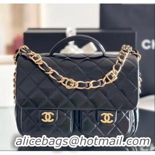 Top Quality Chanel Shiny Lambskin Flap Bag with Top Handle and Pocket AS4993 Black 2024