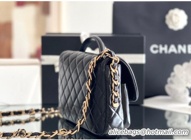 Top Quality Chanel Shiny Lambskin Flap Bag with Top Handle and Pocket AS4993 Black 2024