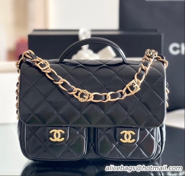 Top Quality Chanel Shiny Lambskin Flap Bag with Top Handle and Pocket AS4993 Black 2024