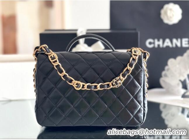 Top Quality Chanel Shiny Lambskin Flap Bag with Top Handle and Pocket AS4993 Black 2024