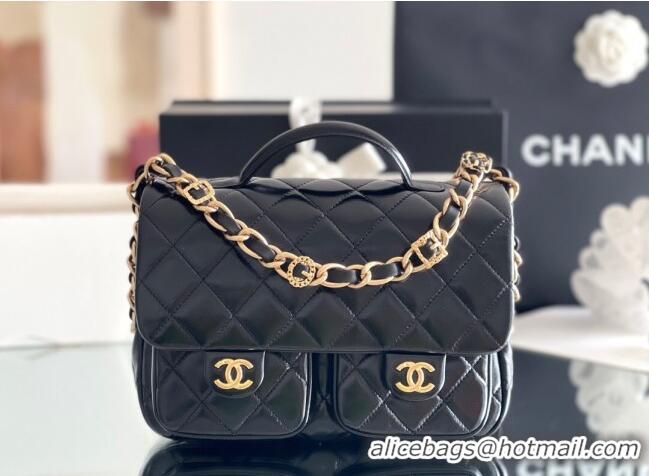 Top Quality Chanel Shiny Lambskin Flap Bag with Top Handle and Pocket AS4993 Black 2024