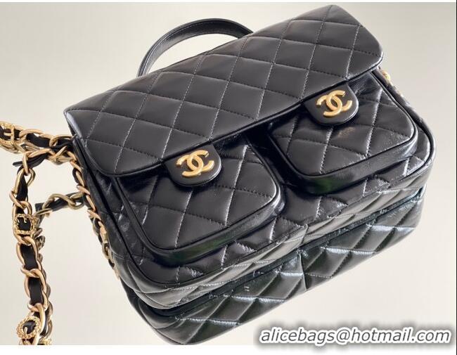 Top Quality Chanel Shiny Lambskin Flap Bag with Top Handle and Pocket AS4993 Black 2024