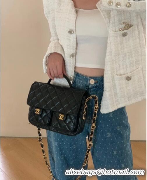 Top Quality Chanel Shiny Lambskin Flap Bag with Top Handle and Pocket AS4993 Black 2024