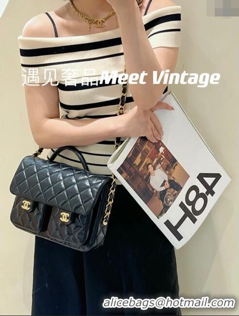 Top Quality Chanel Shiny Lambskin Flap Bag with Top Handle and Pocket AS4993 Black 2024