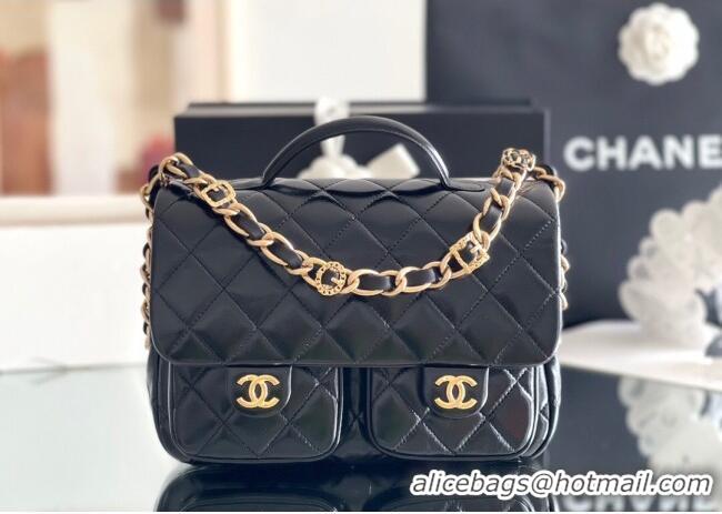 Top Quality Chanel Shiny Lambskin Flap Bag with Top Handle and Pocket AS4993 Black 2024