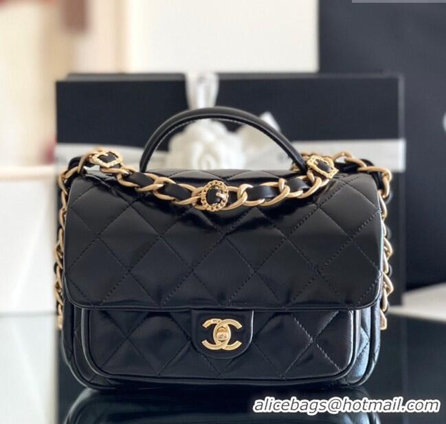 Top Quality Chanel Shiny Lambskin Mini Flap Bag with Top Handle AS4992 Black 2024