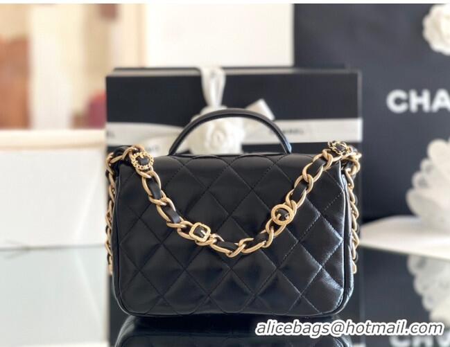 Top Quality Chanel Shiny Lambskin Mini Flap Bag with Top Handle AS4992 Black 2024