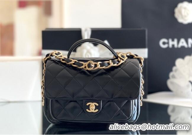 Top Quality Chanel Shiny Lambskin Mini Flap Bag with Top Handle AS4992 Black 2024