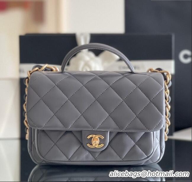 Top Quality Chanel Shiny Lambskin Mini Flap Bag with Top Handle AS4992 Grey 2024