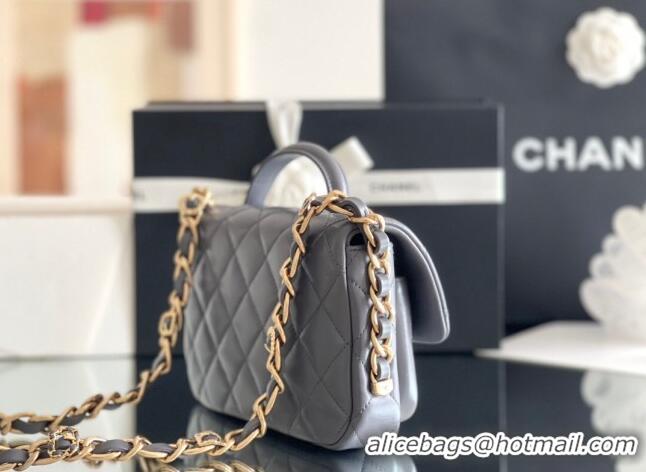 Top Quality Chanel Shiny Lambskin Mini Flap Bag with Top Handle AS4992 Grey 2024