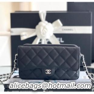 Top Quality Chanel Grained Calfskin Flap Phone Holder with Chain AP2096 Black 2024