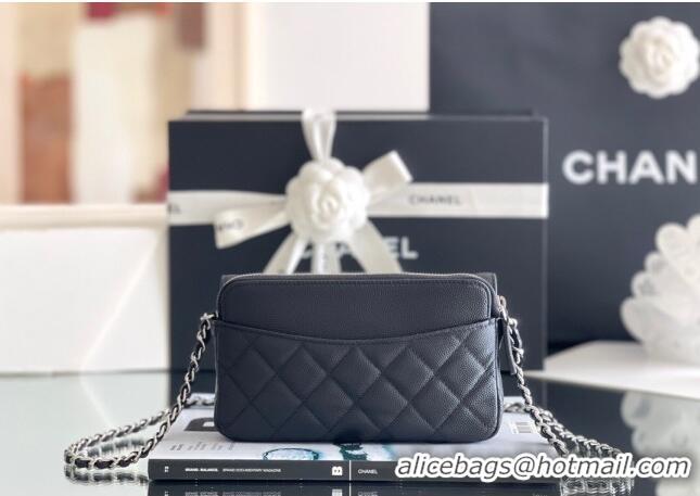 Top Quality Chanel Grained Calfskin Flap Phone Holder with Chain AP2096 Black 2024