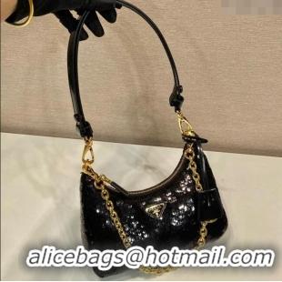 Trendy Design Prada Re-Edition Re-Nylon and Sequins Mini Hobo Bag 1BC204 Black 2024