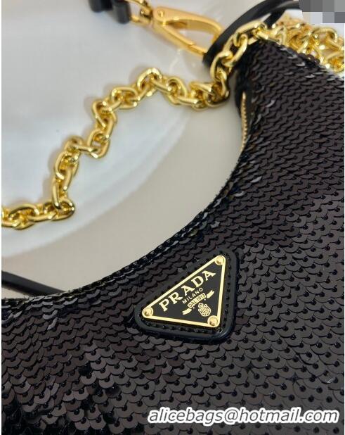 Trendy Design Prada Re-Edition Re-Nylon and Sequins Mini Hobo Bag 1BC204 Black 2024