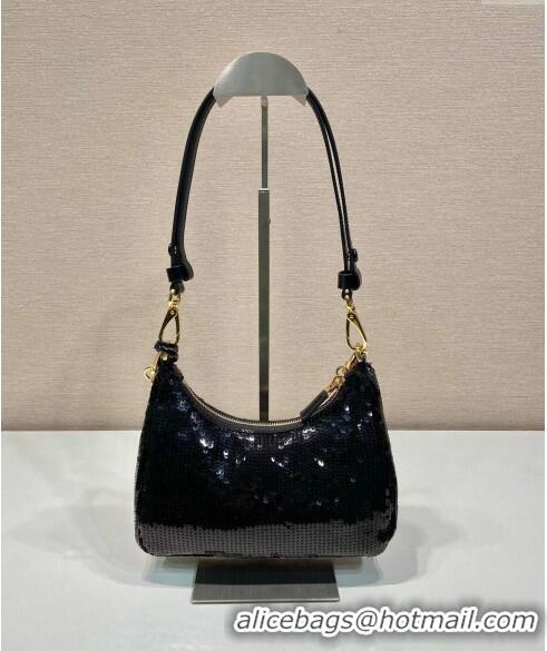 Trendy Design Prada Re-Edition Re-Nylon and Sequins Mini Hobo Bag 1BC204 Black 2024