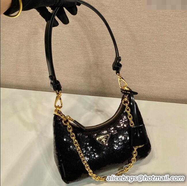 Trendy Design Prada Re-Edition Re-Nylon and Sequins Mini Hobo Bag 1BC204 Black 2024