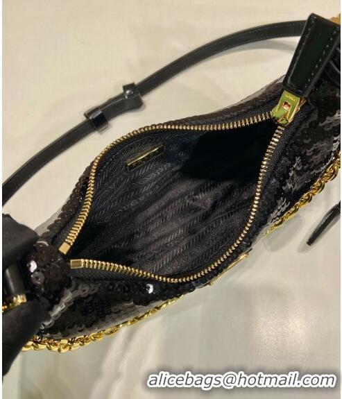 Trendy Design Prada Re-Edition Re-Nylon and Sequins Mini Hobo Bag 1BC204 Black 2024