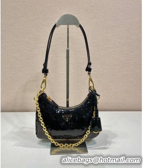 Trendy Design Prada Re-Edition Re-Nylon and Sequins Mini Hobo Bag 1BC204 Black 2024