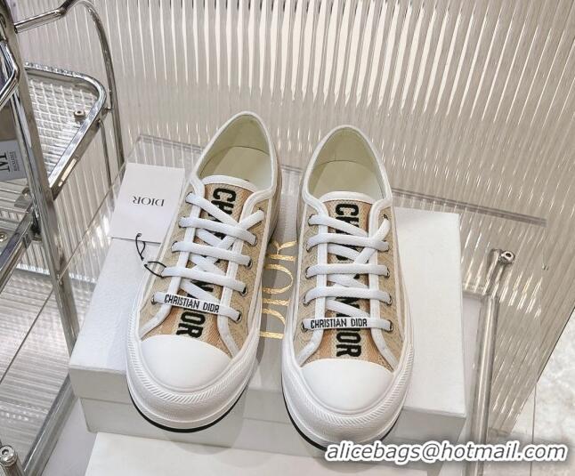 Shop Duplicate Dior Walk'n'Dior Platform Sneakers 4.5cm in Beige Raffia-Effect Cotton Embroidered with Dior Oblique Moti