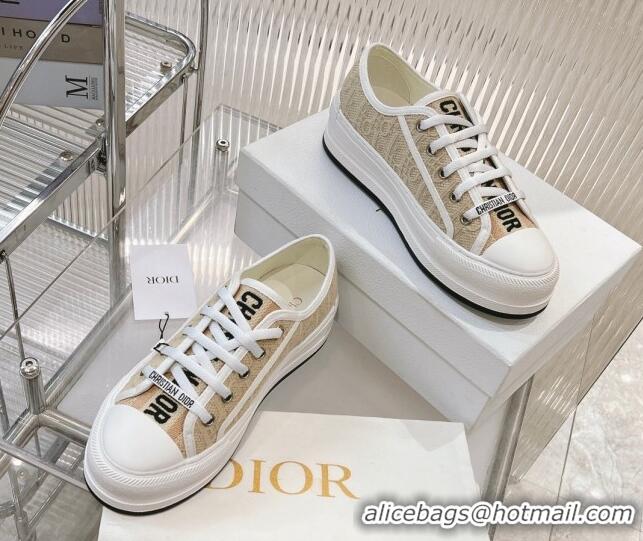 Shop Duplicate Dior Walk'n'Dior Platform Sneakers 4.5cm in Beige Raffia-Effect Cotton Embroidered with Dior Oblique Moti