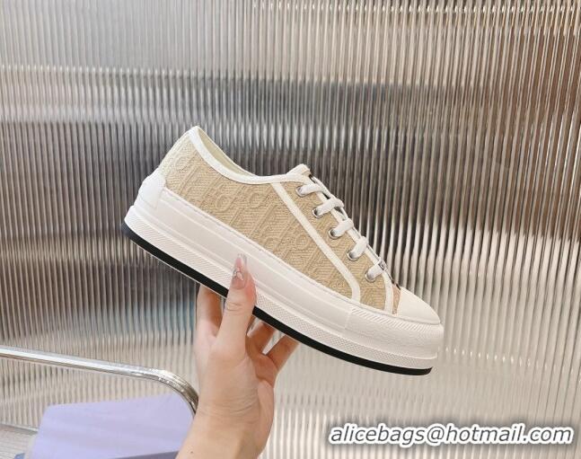 Shop Duplicate Dior Walk'n'Dior Platform Sneakers 4.5cm in Beige Raffia-Effect Cotton Embroidered with Dior Oblique Moti