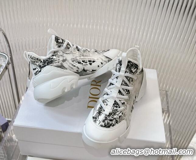 Good Quality Dior D-Connect Sneaker in Plan de Paris Printed Technical Fabric White/Black 905045