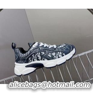 Good Quality Dior Vibe Sneakers in Mesh Printed with Oblique Motif and Leather-Effect Panels Dark Blue 905047