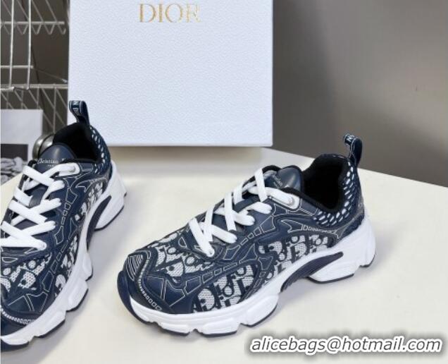 Good Quality Dior Vibe Sneakers in Mesh Printed with Oblique Motif and Leather-Effect Panels Dark Blue 905047